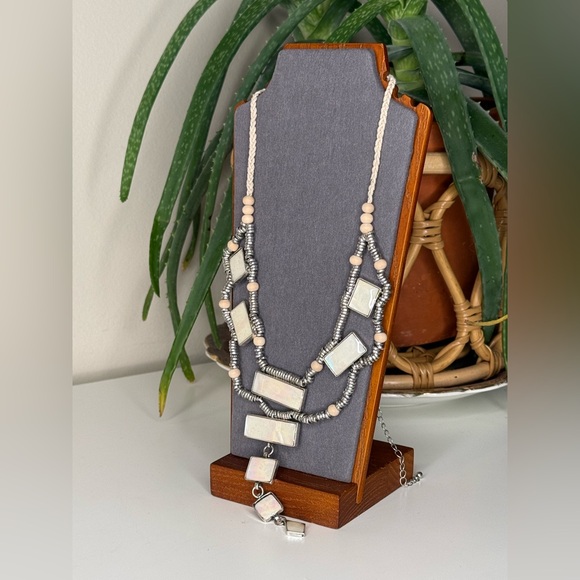 Free People Statement Necklace Shell Inlay Wood Bead Braided Cord Adjustable - Picture 3 of 9